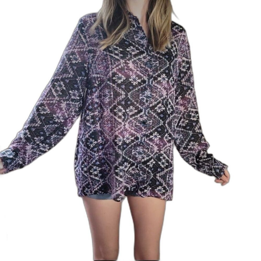 Jones New York Women Size XL Extra Large Button Down Shirt Top Sheer Long Sleeve